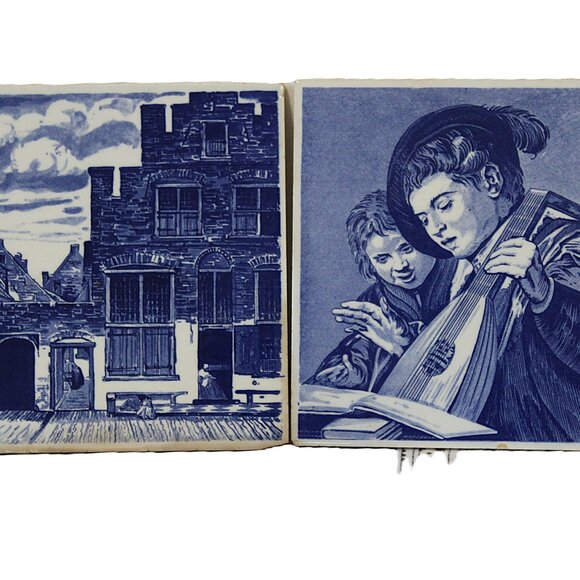 Vintage Delft Blue Wall Tiles – Dutch Scene & Musical Boys – Pair of 2 – 6"x6" - Picture 6 of 7